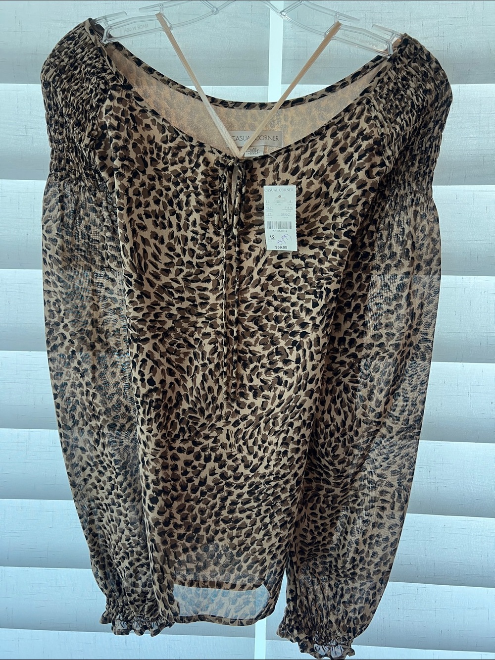 NEW!  Casual Corner Leopard Print Sheer Tie-Neck Blouse in Brown and Black